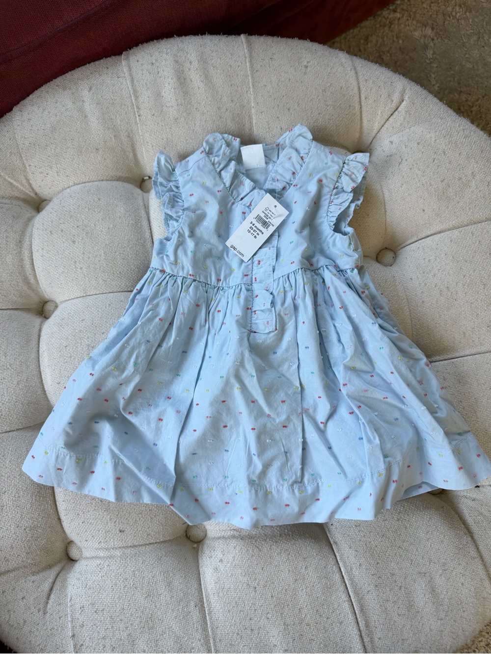GAP Light Blue Ruffle Sleeve Dress with Tiny Multicolor Dots